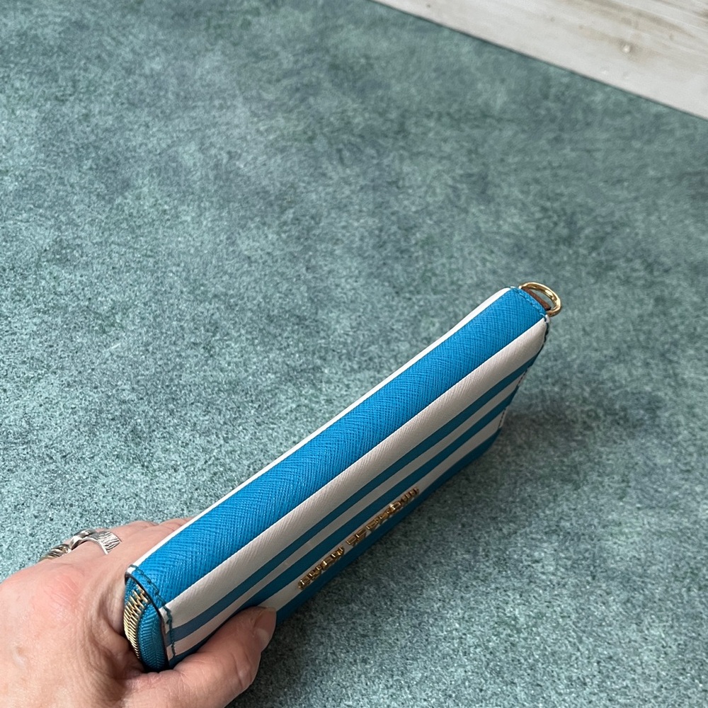 MK Blue & White Stripe Leather Zip Around Wallet - Picture 6 of 7